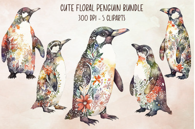 Cute Floral Penguin Cliparts Bundle