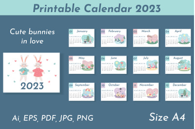 Printable Calendar 2023. Cute bunnies in love