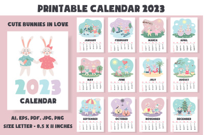 Printable Calendar 2023. Cute bunnies in love