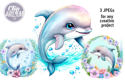 Dolphins Wall Art  Kids / Nursery Decor 3 Watercolor JPEG Images Set