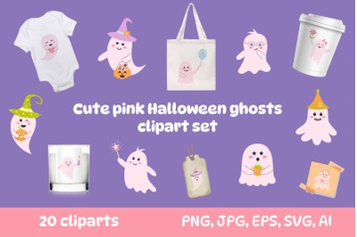 Cute pink Halloween ghosts clipart set