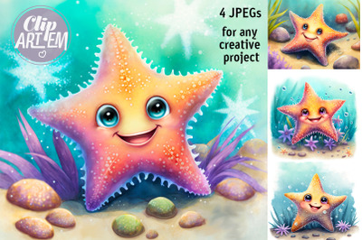 Cute Starfish Wall Art Kids Decor 4JPEG Watercolor Illustration Images