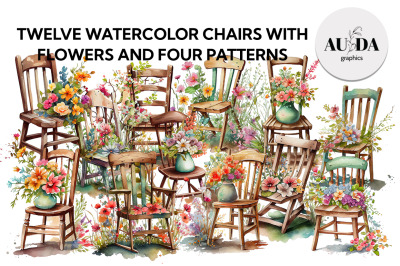 TWELVE WATERCOLOR CHAIRS WITH FLOWERS AND FOUR PATTERNS