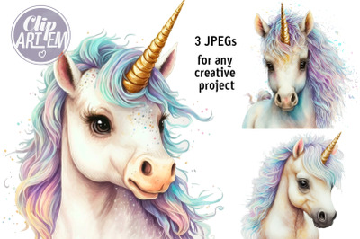 Baby Unicorn Wall Art Rainbow Images 3 JPEGs Watercolor Illustration