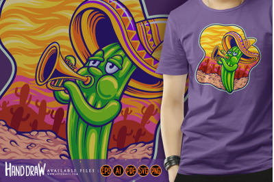 Cinco de mayo sombrero mexican cactus playing trumpet cartoon illustra