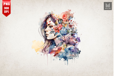 Beautiful Girl &amp; Flowers Watercolor 7