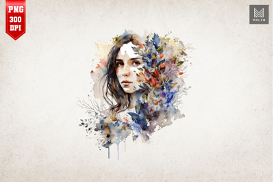 Beautiful Girl &amp; Flowers Watercolor 19