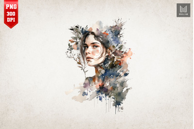 Beautiful Girl &amp; Flowers Watercolor 20