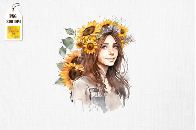 Beautiful Girl &amp;amp; Sunflowers Watercolor
