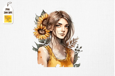 Beautiful Girl &amp;amp; Sunflowers Watercolor 2