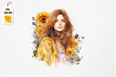 Beautiful Girl &amp;amp; Sunflowers Watercolor 3