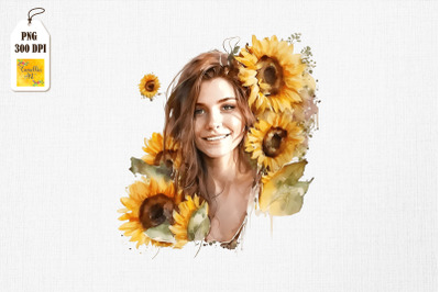 Beautiful Girl &amp;amp; Sunflowers Watercolor 4