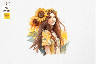 Beautiful Girl &amp;amp; Sunflowers Watercolor 5