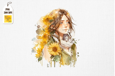 Beautiful Girl &amp;amp; Sunflowers Watercolor 6