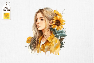 Beautiful Girl &amp;amp; Sunflowers Watercolor 7