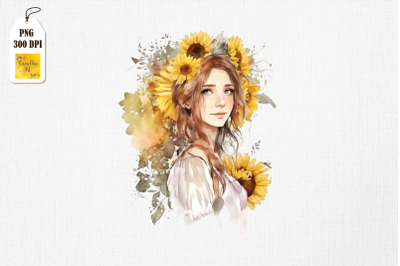 Beautiful Girl &amp;amp; Sunflowers Watercolor 8