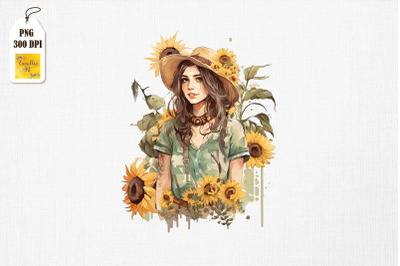 Beautiful Girl &amp;amp; Sunflowers Watercolor 9