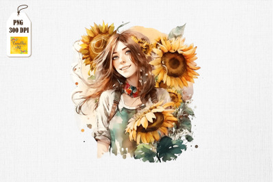 Pretty Girl &amp;amp; Sunflowers Watercolor