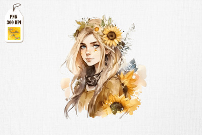 Pretty Girl &amp;amp; Sunflowers Watercolor 3