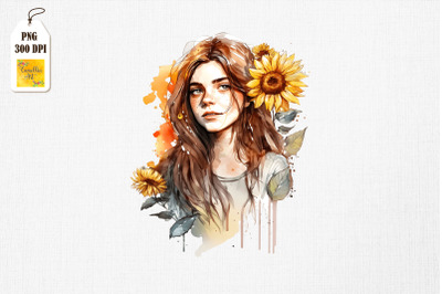 Pretty Girl &amp;amp; Sunflowers Watercolor 4