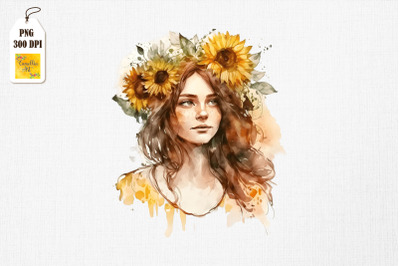 Pretty Girl &amp;amp; Sunflowers Watercolor 5