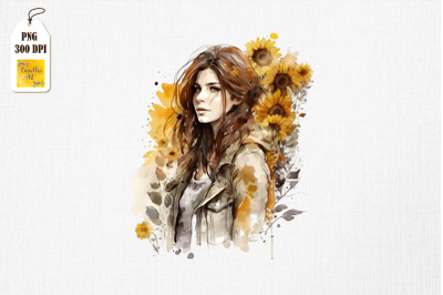Pretty Girl &amp;amp; Sunflowers Watercolor 6