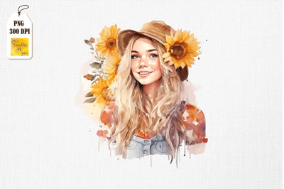 Pretty Girl &amp;amp; Sunflowers Watercolor 8
