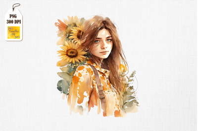 Pretty Girl &amp;amp; Sunflowers Watercolor 9