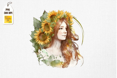 Pretty Girl &amp;amp; Sunflowers Watercolor 10