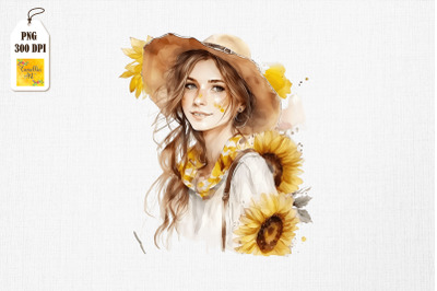 Pretty Girl &amp;amp; Sunflowers Watercolor 11