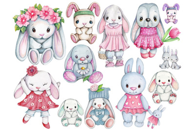 Cute spring bunny rabbits. Set of 10 watercolor illustrations.