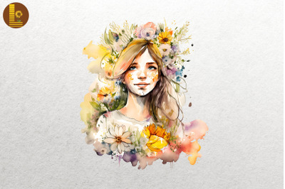 Beautiful Girl With Flowers Watercolor 2