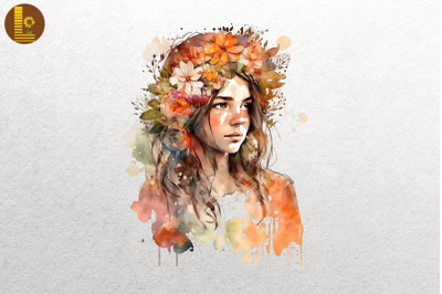 Beautiful Girl With Flowers Watercolor 3