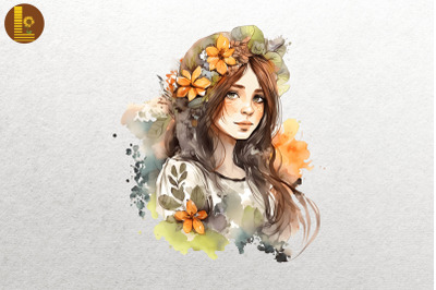 Beautiful Girl With Flowers Watercolor 6
