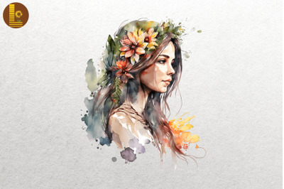 Beautiful Girl With Flowers Watercolor 7