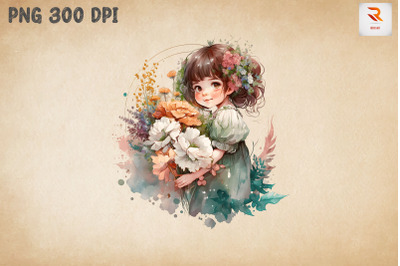 Cute Girl With Bouquet Watercolor