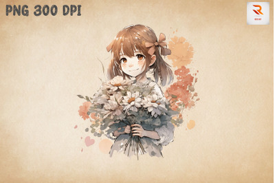 Cute Girl With Bouquet Watercolor 2
