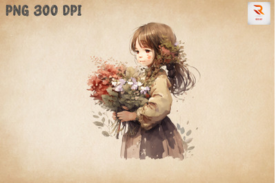 Cute Girl With Bouquet Watercolor 3