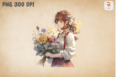 Cute Girl With Bouquet Watercolor 4