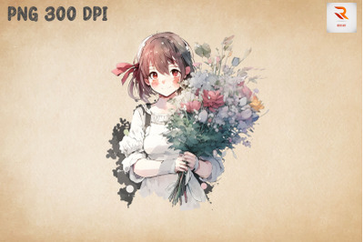 Cute Girl With Bouquet Watercolor 5