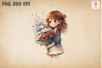 Cute Girl With Bouquet Watercolor 6