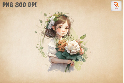 Cute Girl With Bouquet Watercolor 7