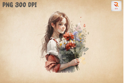 Cute Girl With Bouquet Watercolor 8