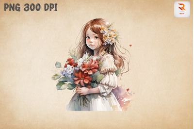 Cute Girl With Bouquet Watercolor 9