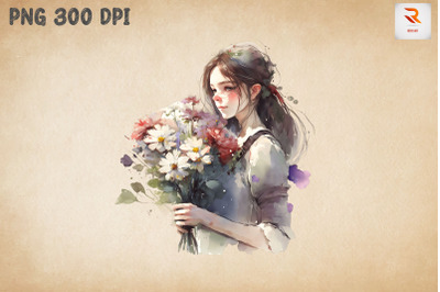 Cute Girl With Bouquet Watercolor 10
