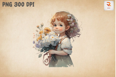 Cute Girl With Bouquet Watercolor 11