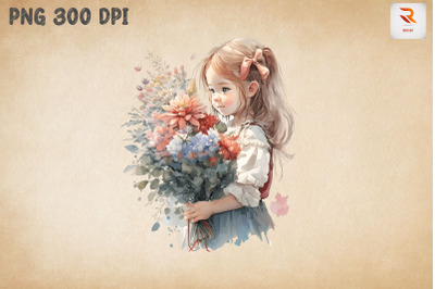 Cute Girl With Bouquet Watercolor 13