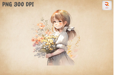 Cute Girl With Bouquet Watercolor 15