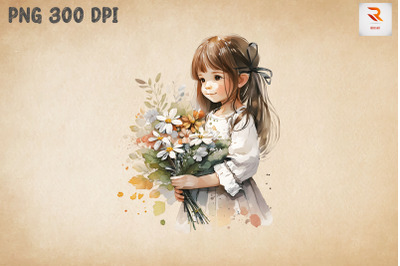 Cute Girl With Bouquet Watercolor 16