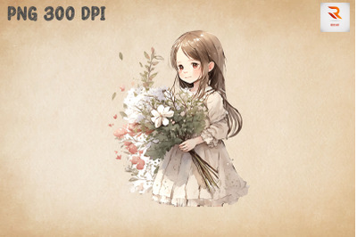 Cute Girl With Bouquet Watercolor 17